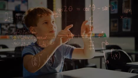 Animation-of-mathematical-equations-over-schoolboy-in-classroom
