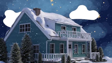 Animación-De-Nieve-Cayendo-En-El-Paisaje-Nocturno-De-Invierno-Con-Casa