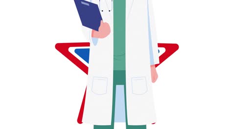 Animation-of-male-doctor-with-face-mask-and-colourful-star-on-white-background