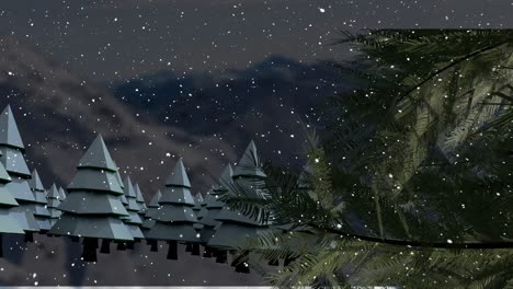 Animation-Von-Schnee,-Der-über-Eine-Winterlandschaft-Mit-Tannen-Fällt