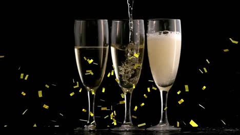 Animation-of-gold-confetti-falling-over-champagne-glasses-on-black-background