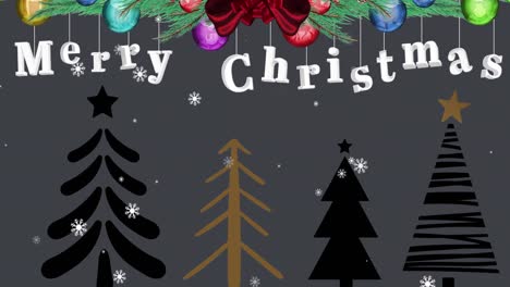 Animation-of-fir-tree-with-merry-christmas-text-over-snow-falling-and-trees-on-black-background