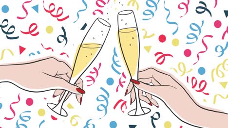 Animation-of-two-female-hands-holding-glasses-of-champagne-on-white-background