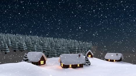 Animation-Von-Schnee,-Der-über-Eine-Winterlandschaft-Mit-Häusern-Und-Tannen-Fällt