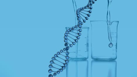 Animation-of-dna-chain-and-measuring-cups-on-blue-background