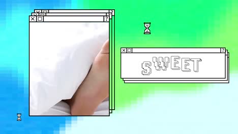 Animation-of-sweet-in-white-text-in-stacked-window,-with-feet-of-couple-in-bed,-on-blue-and-green