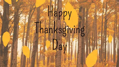 Animation-of-happy-thanksgiving-day-text-over-orange-autumn-leaves-falling-in-park