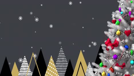 Animation-Eines-Weihnachtsbaums-Mit-Dekorationen-über-Bäumen-Und-Schnee,-Der-Auf-Schwarzem-Hintergrund-Fällt