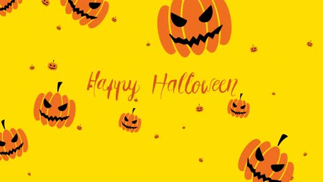 Animation-Von-Halloween-Grüßen-Und-Schwebenden-Kürbissen-Auf-Gelbem-Hintergrund