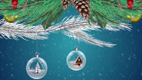 Animation-of-fir-tree-with-decorations-over-baubles-and-snow-falling-on-blue-background