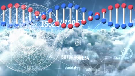 Animation-of-networks-of-connections,-dna-strand-and-data-processing-over-clouds-and-sky
