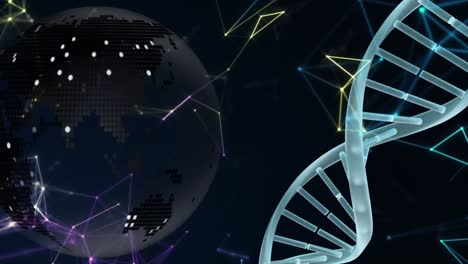Animation-Von-Verbindungsnetzwerken,-Globus-Und-DNA-Strang-Auf-Schwarzem-Hintergrund
