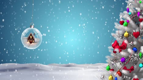 Animation-Eines-Weihnachtsbaums-Mit-Dekorationen-über-Christbaumkugel-Und-Schnee,-Der-Auf-Die-Winterlandschaft-Fällt