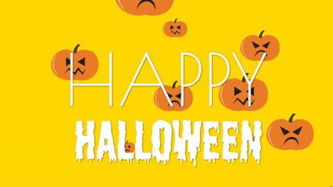 Animation-Von-Halloween-Grüßen-Und-Schwebenden-Kürbissen-Auf-Gelbem-Hintergrund