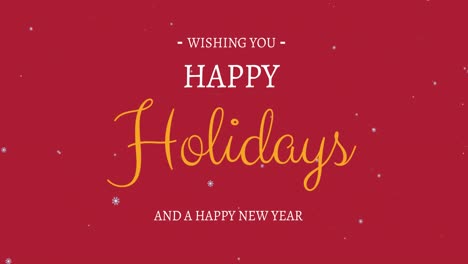 Animation,-Die-Ihnen-Frohe-Feiertage-Und-Ein-Glückliches-Neues-Jahr-Wünscht,-Mit-Schnee,-Der-Auf-Rotem-Hintergrund-Fällt