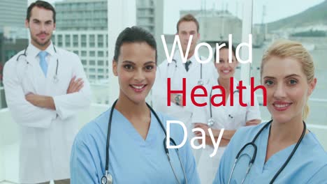 Animation-of-world-health-day-text-over-smiling-diverse-team-of-female-and-male-doctors