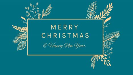 Animation-of-merry-christmas-and-happy-new-year-text-in-frame-with-flowers-on-green-background