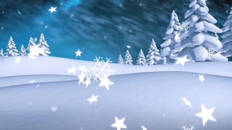 Animation-Von-Schnee,-Der-Zu-Weihnachten-In-Eine-Winterlandschaft-Mit-Bäumen-Und-Himmel-Fällt