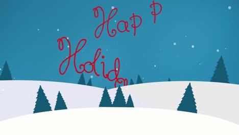 Animation-of-happy-holidays-text,-christmas-greeting-over-winter-scenery