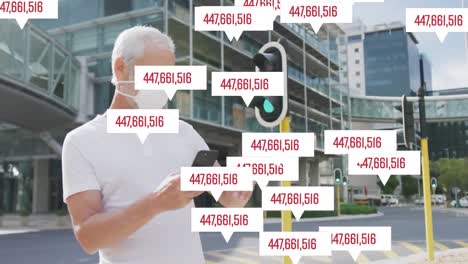 Animation-of-changing-numbers-over-senior-man-wearing-face-mask