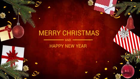 Animation-of-merry-christmas-and-happy-new-year-text-with-christmas-decorations-on-red-background