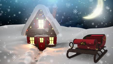 Animation-of-snow-falling-over-winter-scenery-and-santa-slegh
