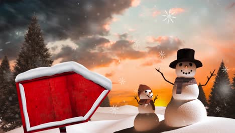 Animation-of-road-sign-with-copy-space-and-snow-falling-over-christmas-snowmen-and-winter-landscape