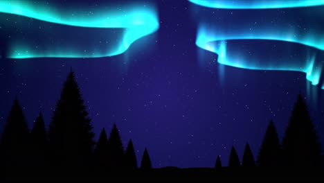 Animation-of-aurora-borealis-glowing-over-fir-trees-covered-in-snow-in-winter