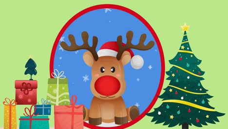 Animation-of-reindeer-with-red-nose,-gifts,-christmas-tree