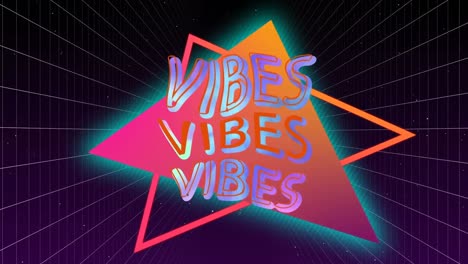 Animation-of-vibes-in-bending-colourful-text-over-orange-triangles-and-radiating-lines-on-black