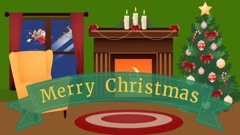 Animation-Des-Textes-„Frohe-Weihnachten“-über-Dekoriertem-Haus