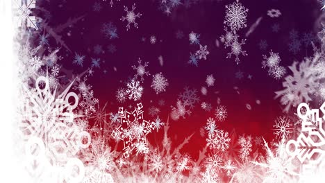 Animation-of-snow-falling-over-snowflakes-at-christmas,-on-red-background