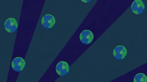 Animation-of-globes-floating-over-moving-dark-blue-background