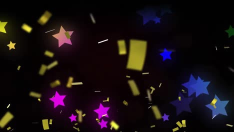 Animation-Von-Konfetti,-Die-über-Bunte-Sterne-Auf-Schwarzem-Hintergrund-Fallen