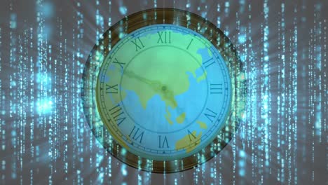 Animation-of-data-processing-and-globe-over-clock-moving-fast
