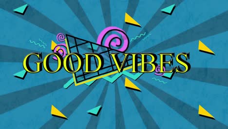 Animation-of-good-vibes-text-in-yellow-with-colourful-geometric-shapes-over-blue-radiating-stripes