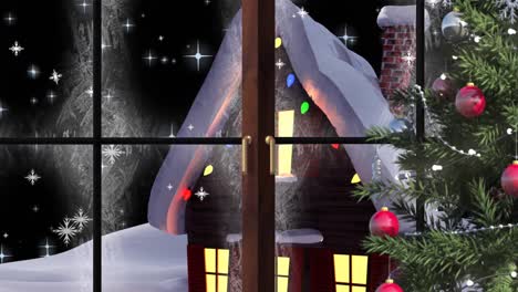 Animation-Von-Schnee,-Der-über-Den-Weihnachtsbaum-Mit-Fenster-Und-Haus-Fällt