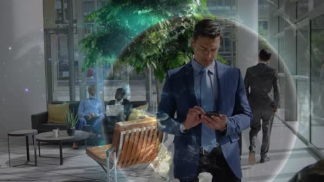 Animation-of-globe-and-networks-of-connections-over-mixed-race-businessman-using-smartphone