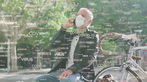 Animation-of-multiple-covid-19-text-over-senior-man-wearing-face-mask