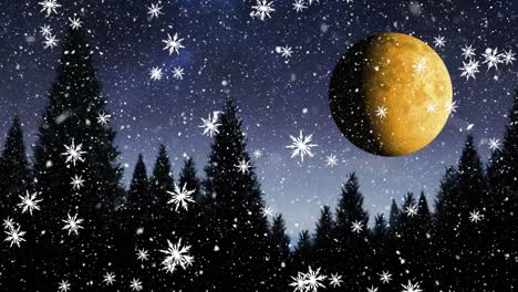 Animation-of-snow-falling-at-christmas,-over-winter-landscape-with-trees,-moon-and-sky