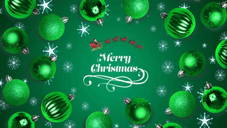 Animation-of-snowflakes-and-baubles-over-merry-christmas-text-on-green-background