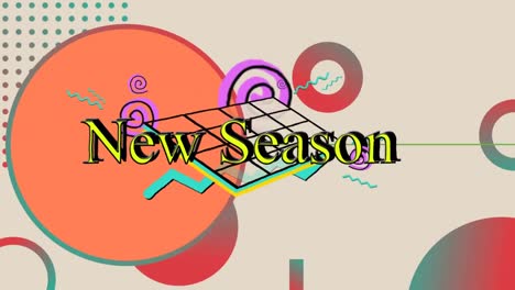 Animation-of-new-season-text-over-colourful-geometric-shapes-and-pink-circle-on-grey