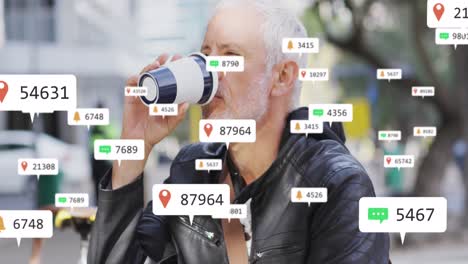 Animation-of-social-media-icons-over-senior-man-drinking-coffee