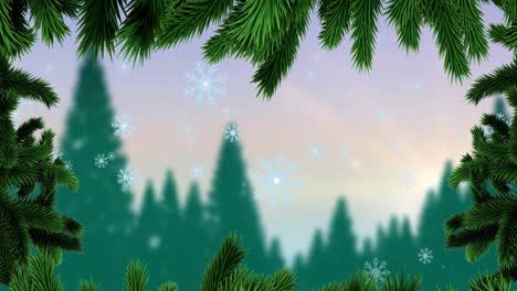 Animación-De-Abetos-Y-Nieve-Cayendo-Sobre-El-Paisaje-Invernal-Navideño-Con-árboles,-Luna-Y-Cielo