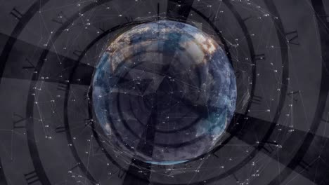 Animation-Von-Netzwerken-Von-Verbindungen-Und-Einem-Sich-Schnell-Bewegenden-Globus-über-Der-Uhr