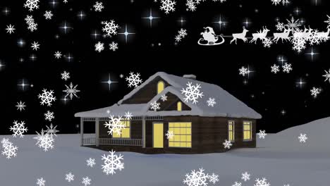 Animación-De-Nieve-Cayendo-Sobre-Papá-Noel-En-Trineo-Con-Renos-En-Navidad-Y-Casa.