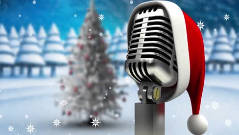 Animation-of-retro-microphone-over-winter-landscape