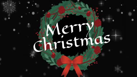 Animation-of-merry-christmas-text-over-christmas-wreath-on-black-background
