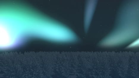 Animation-of-aurora-borealis-glowing-over-fir-trees-covered-in-snow-in-winter