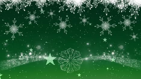 Animation-Von-Weihnachtsschneeflocken,-Die-über-Helle-Punkte-Auf-Grünem-Hintergrund-Fallen